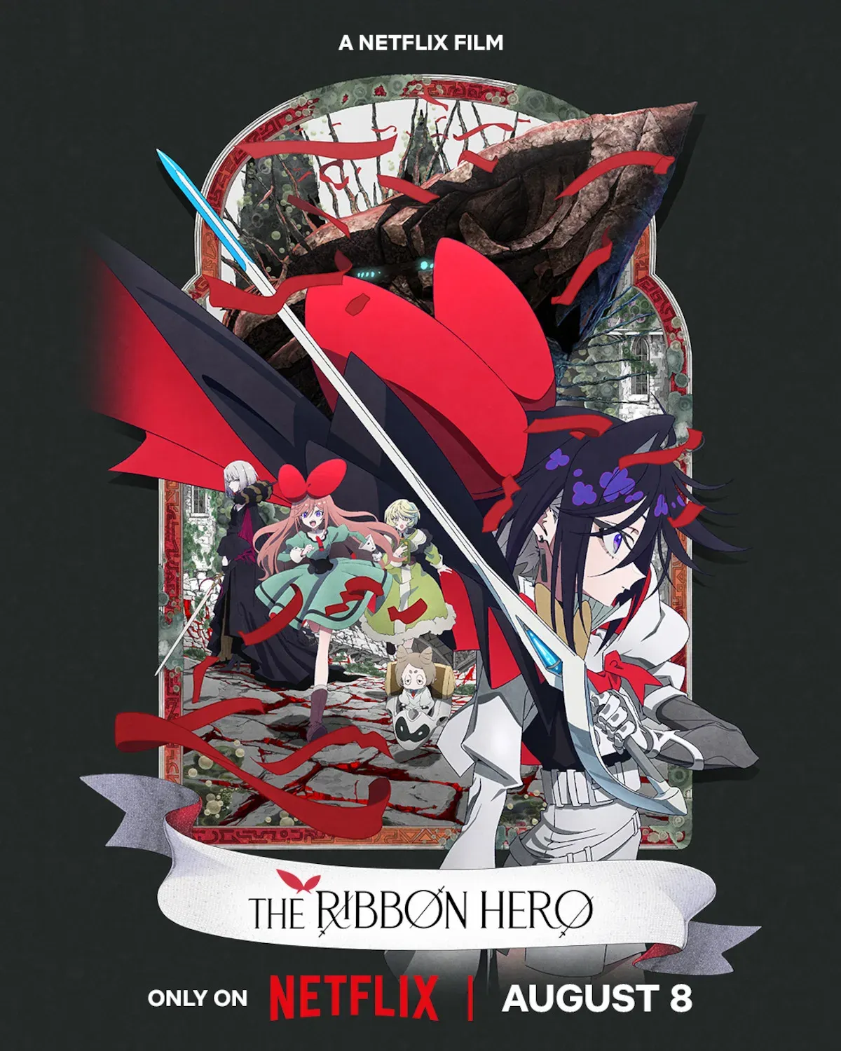 The Ribbon Hero Netflix key visual showing Sapphire holding a sword amid red ribbons and a ruined fantasy kingdom