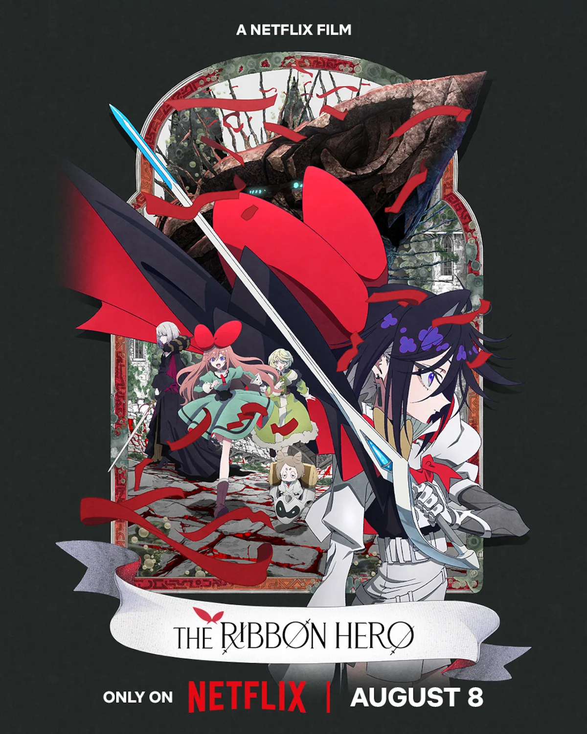 The Ribbon Hero Netflix key visual showing Sapphire holding a sword amid red ribbons and a ruined fantasy kingdom