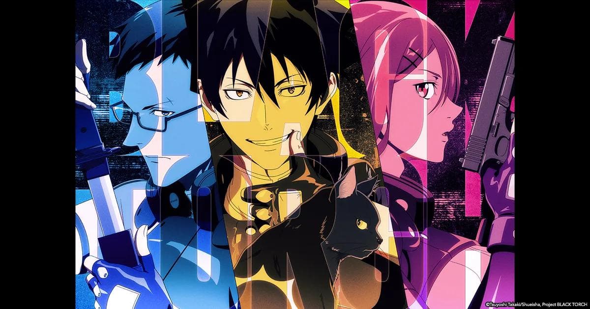 Jiro Azuma, Rago, Ichika Kishimojin, and Reiji Kirihara in the Black Torch anime key visual