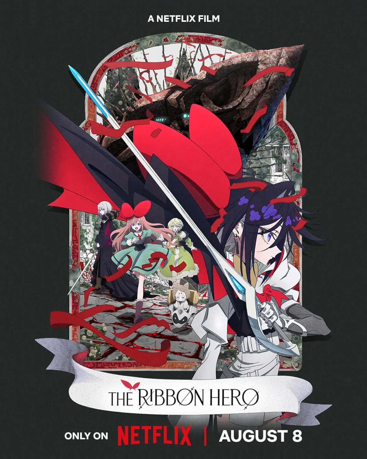 The Ribbon Hero Netflix key visual showing Sapphire holding a sword amid red ribbons and a ruined fantasy kingdom