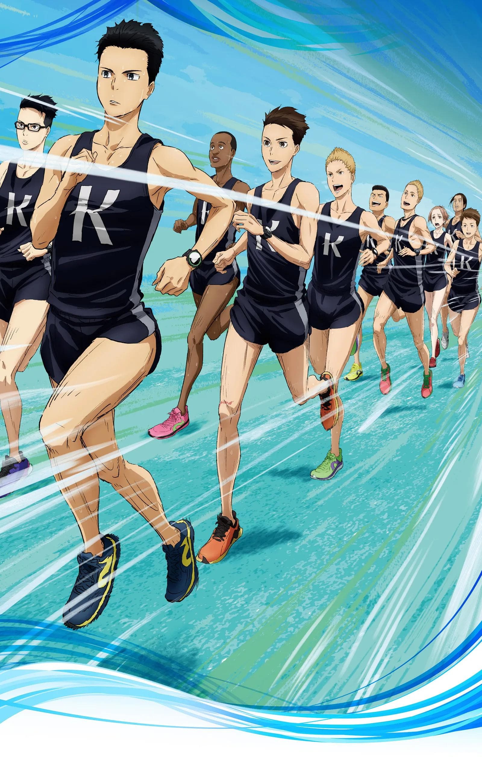 The Kansei University running team racing together in the official Run with the Wind key visual